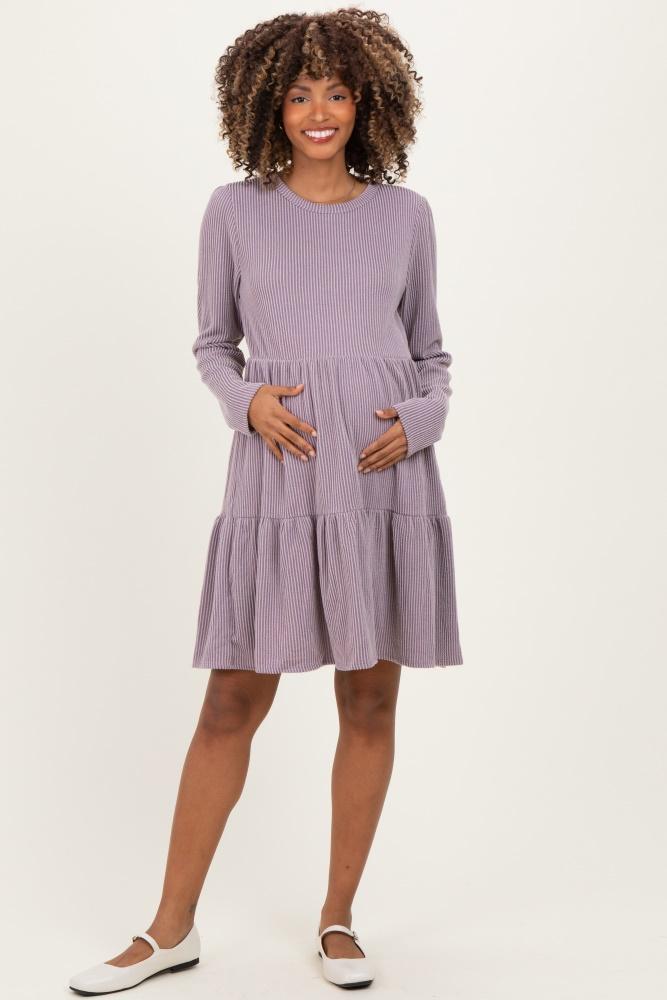 lavender textured rib tiered long sleeve maternity dress