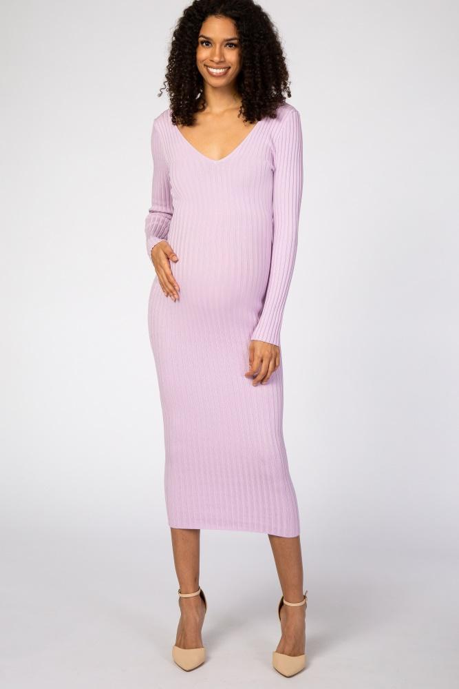 lavender v-neck long sleeve fitted maternity maxi dress