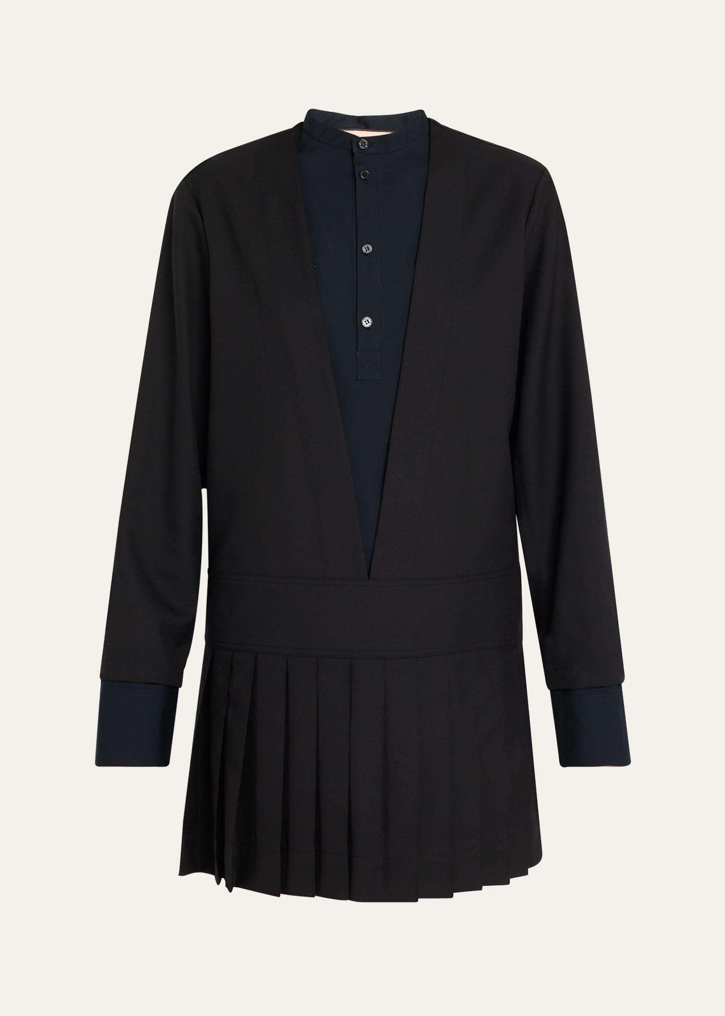 layered long-sleeve pleated mini shirtdress