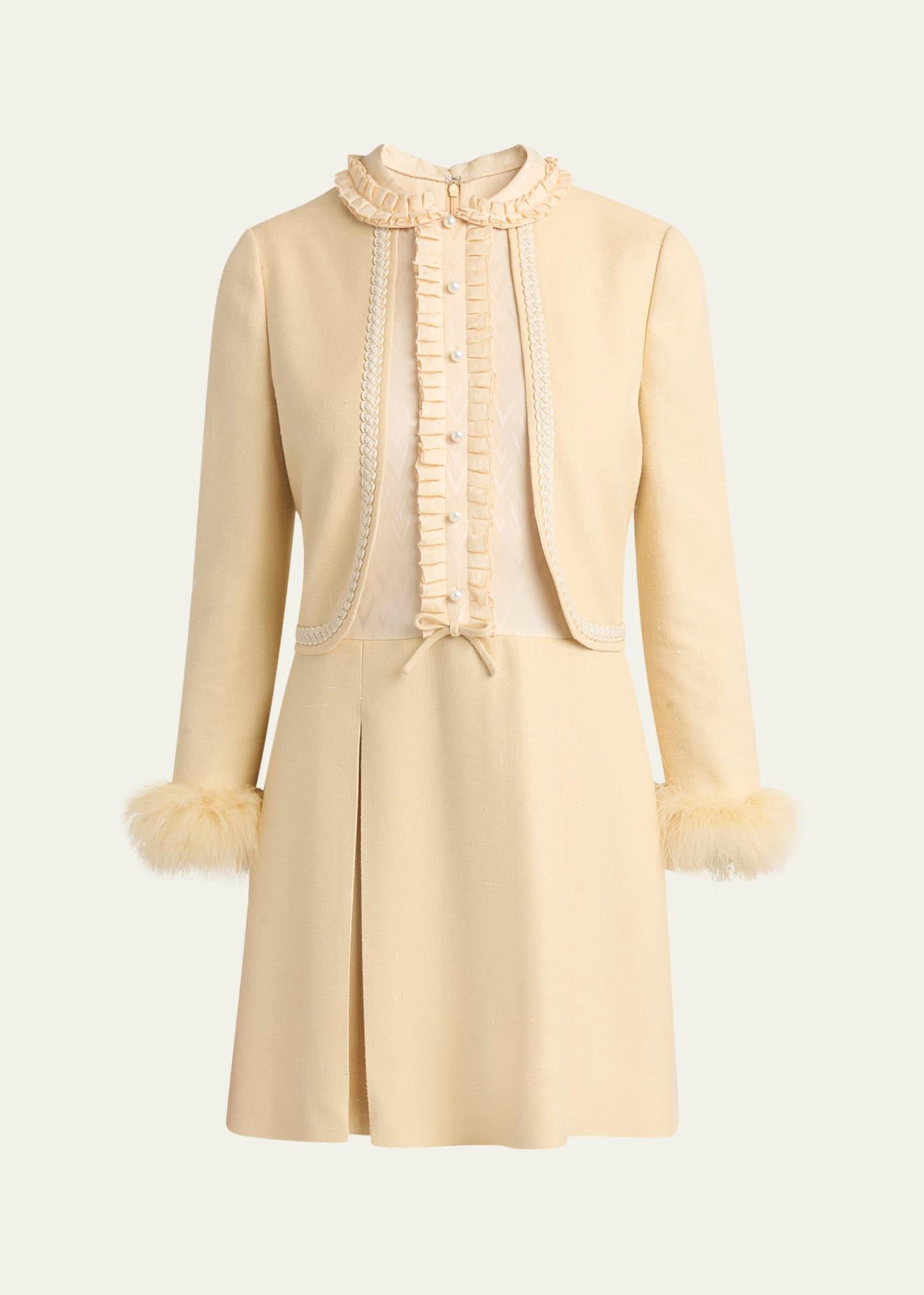 layered ruffle feather cuff mini dress