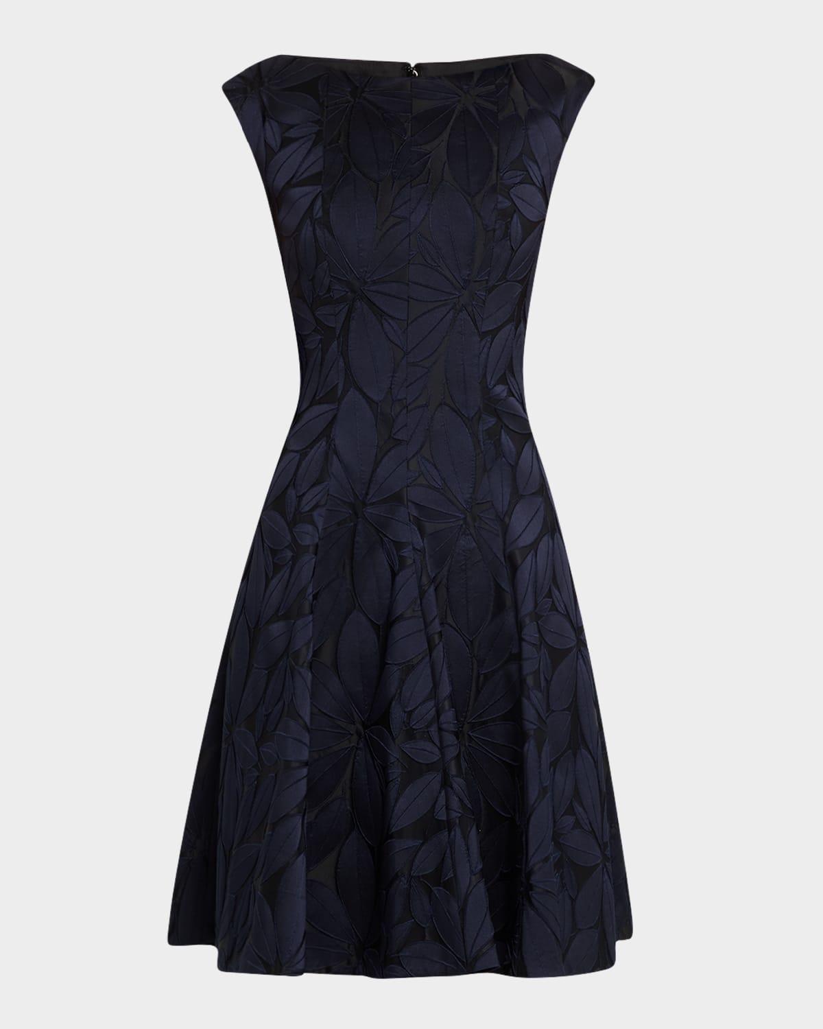leaf flower jacquard cap-sleeve dress