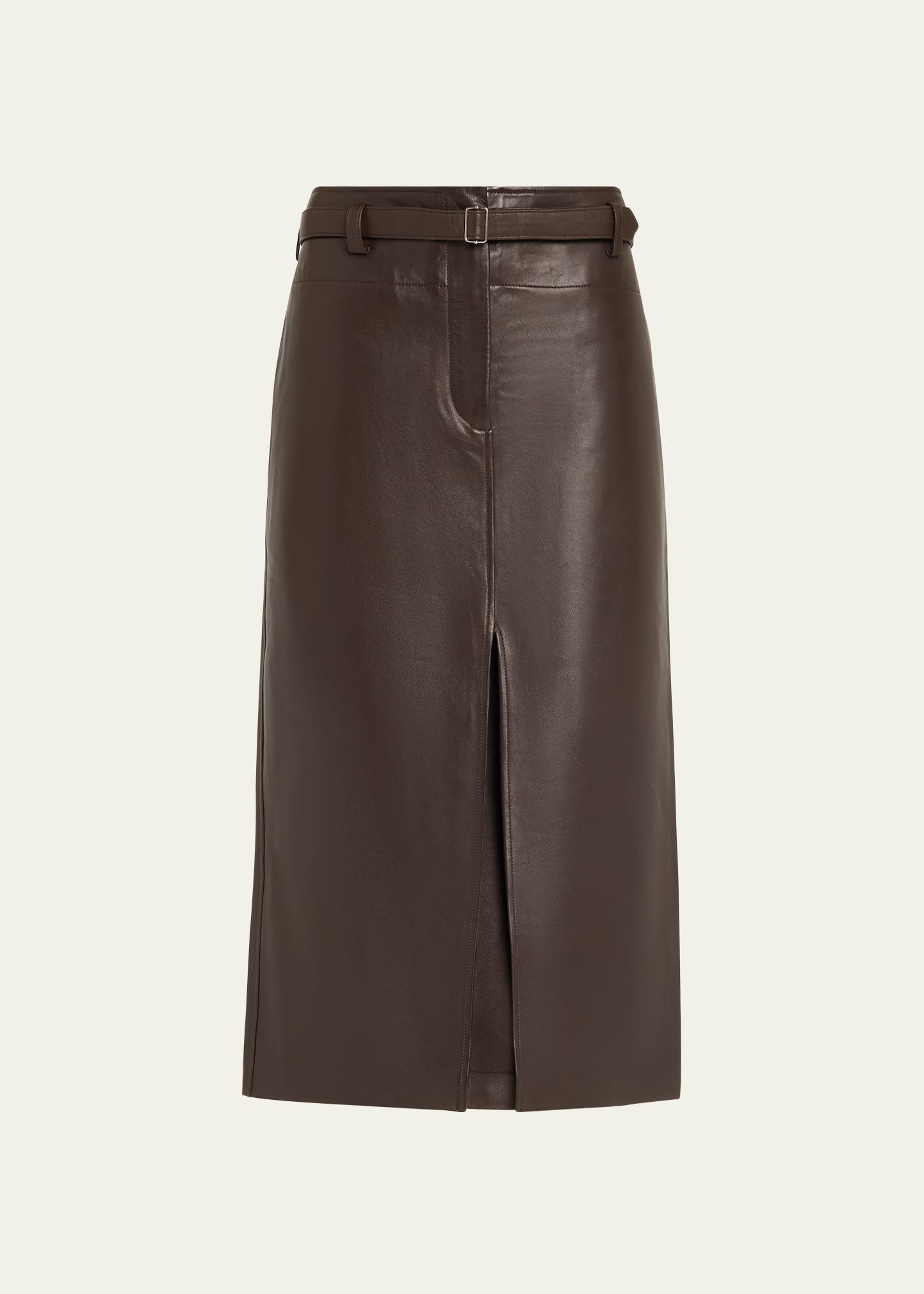 leather belted front split midi skirt