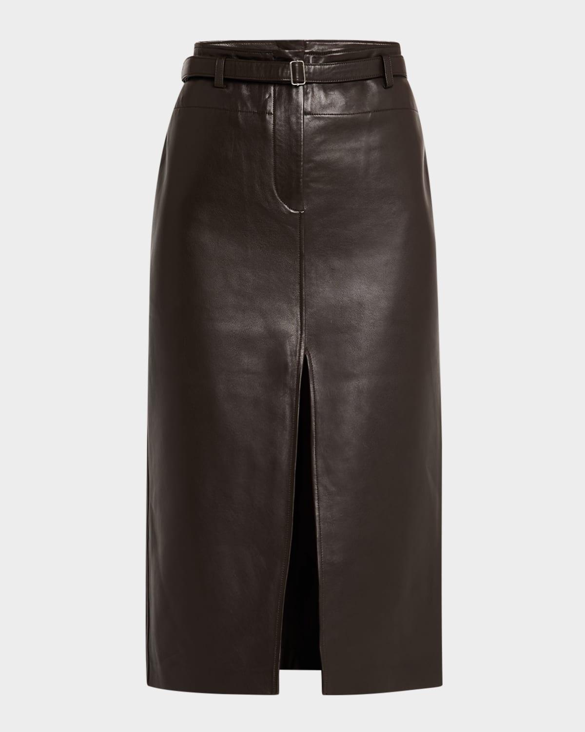 leather belted front split midi skirt