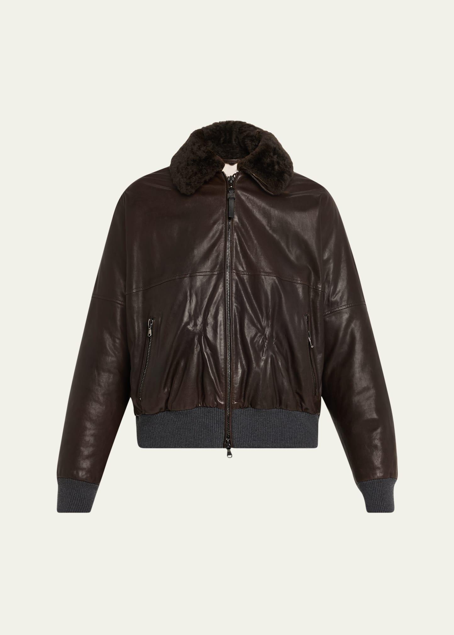leather biker jacket with removable shearling collar