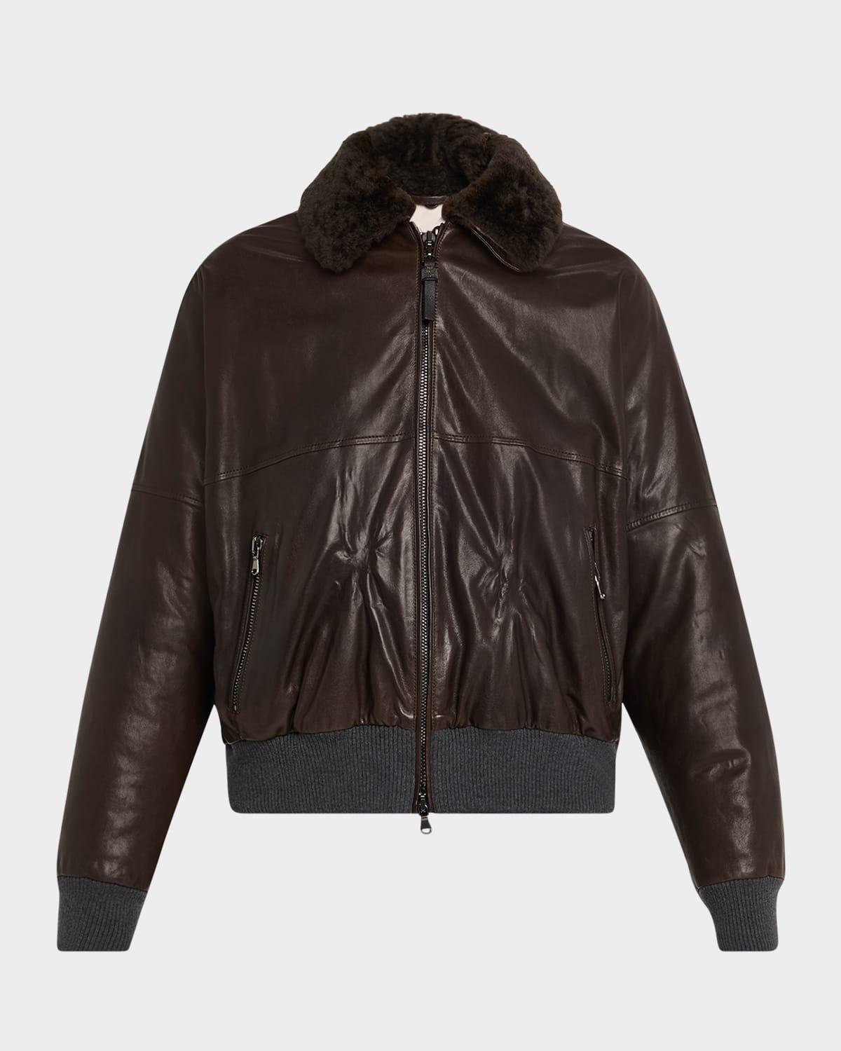 leather biker jacket with removable shearling collar