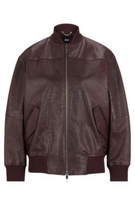 leather bomber jacket with embossed crocodile motif- light red women's leather jackets