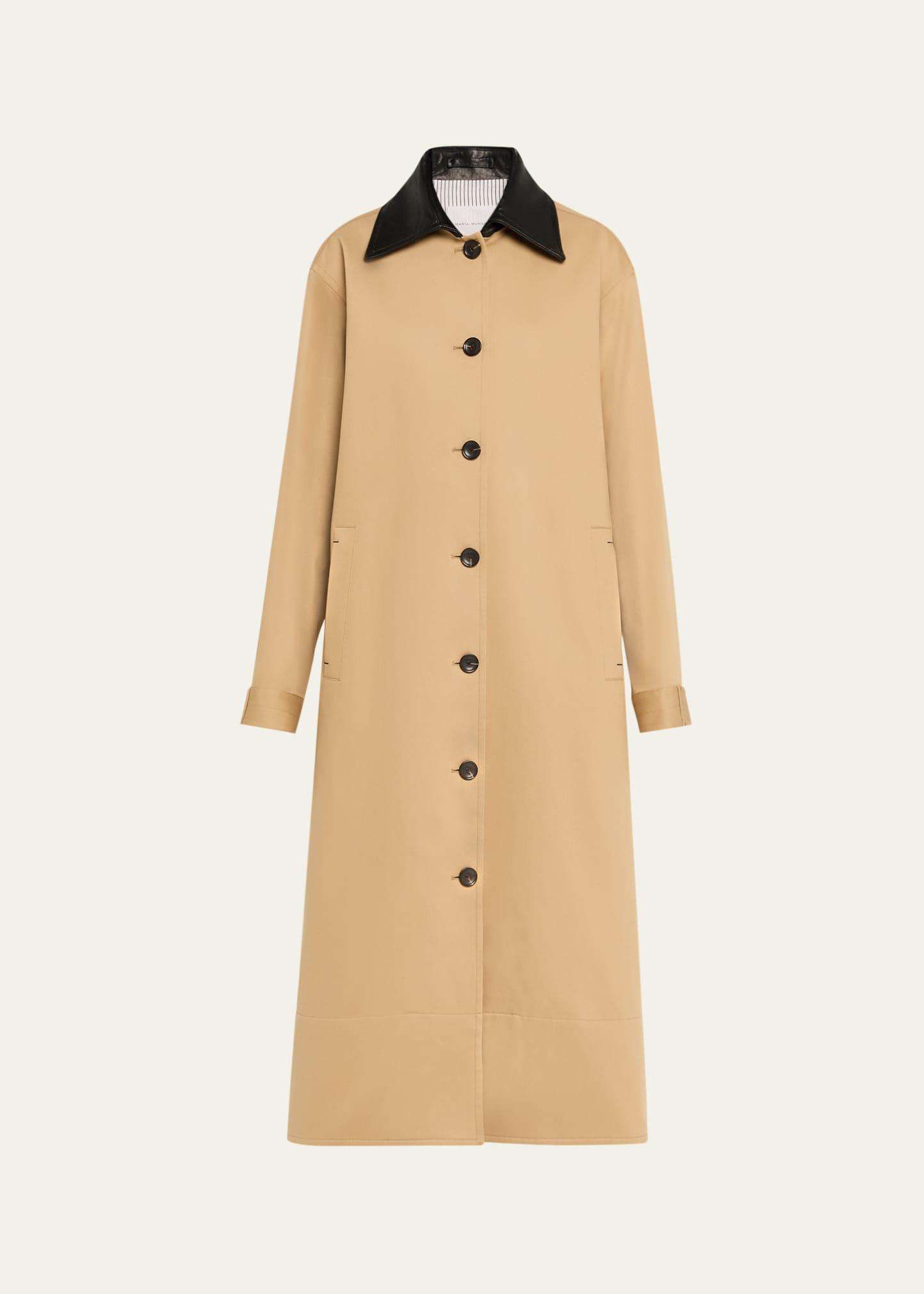 leather-collar a-line long swing coat