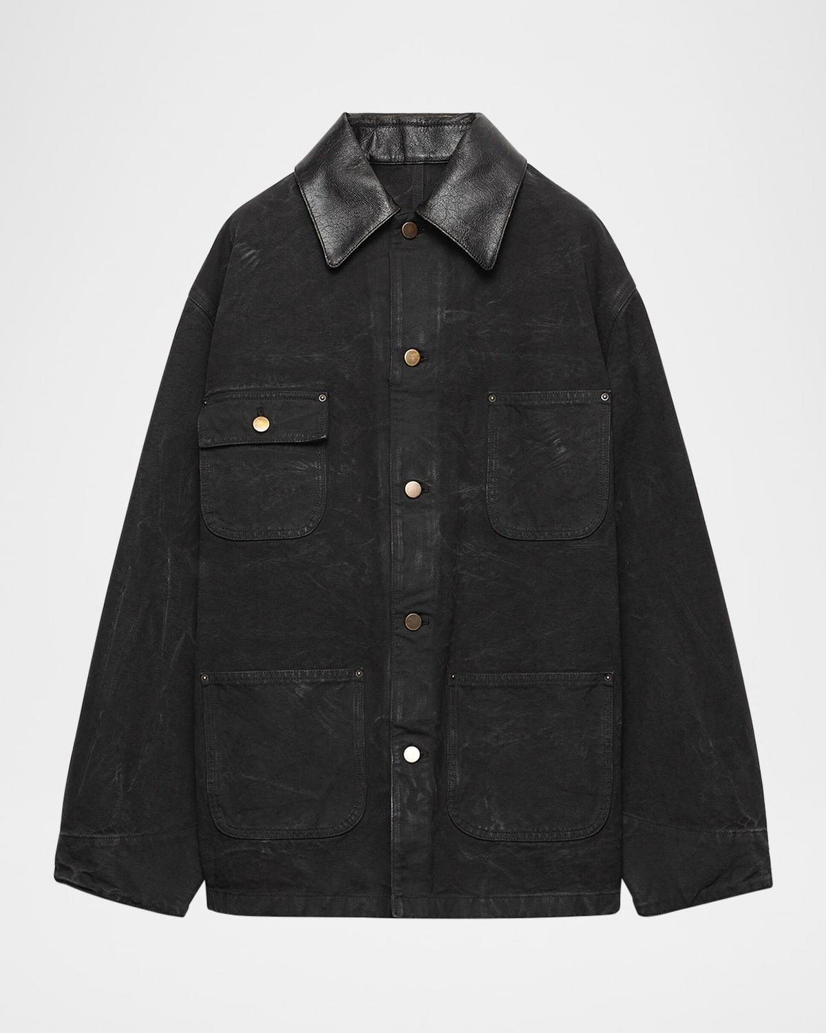 leather-collar canvas blouson jacket