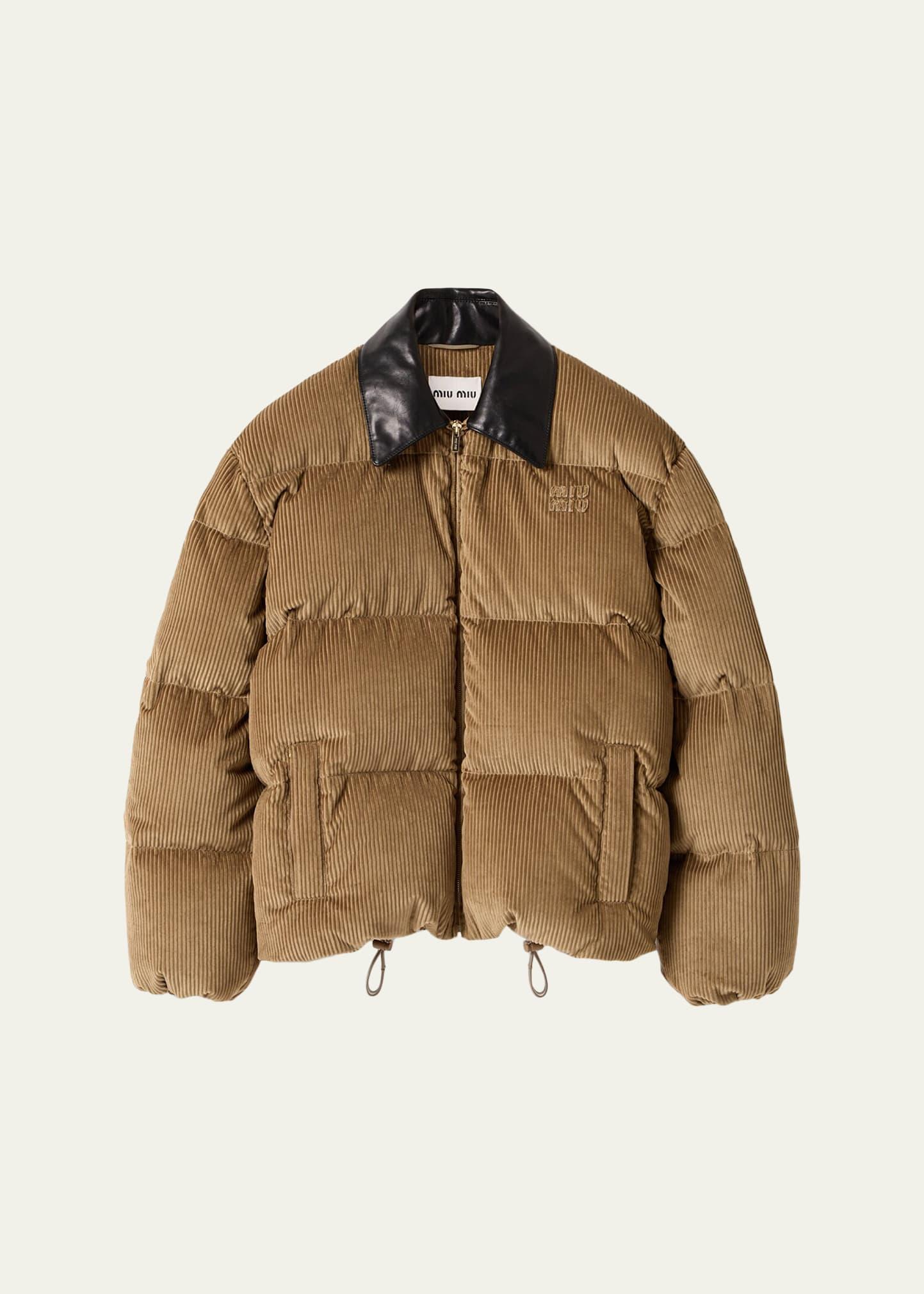 leather-collar corduroy puffer jacket