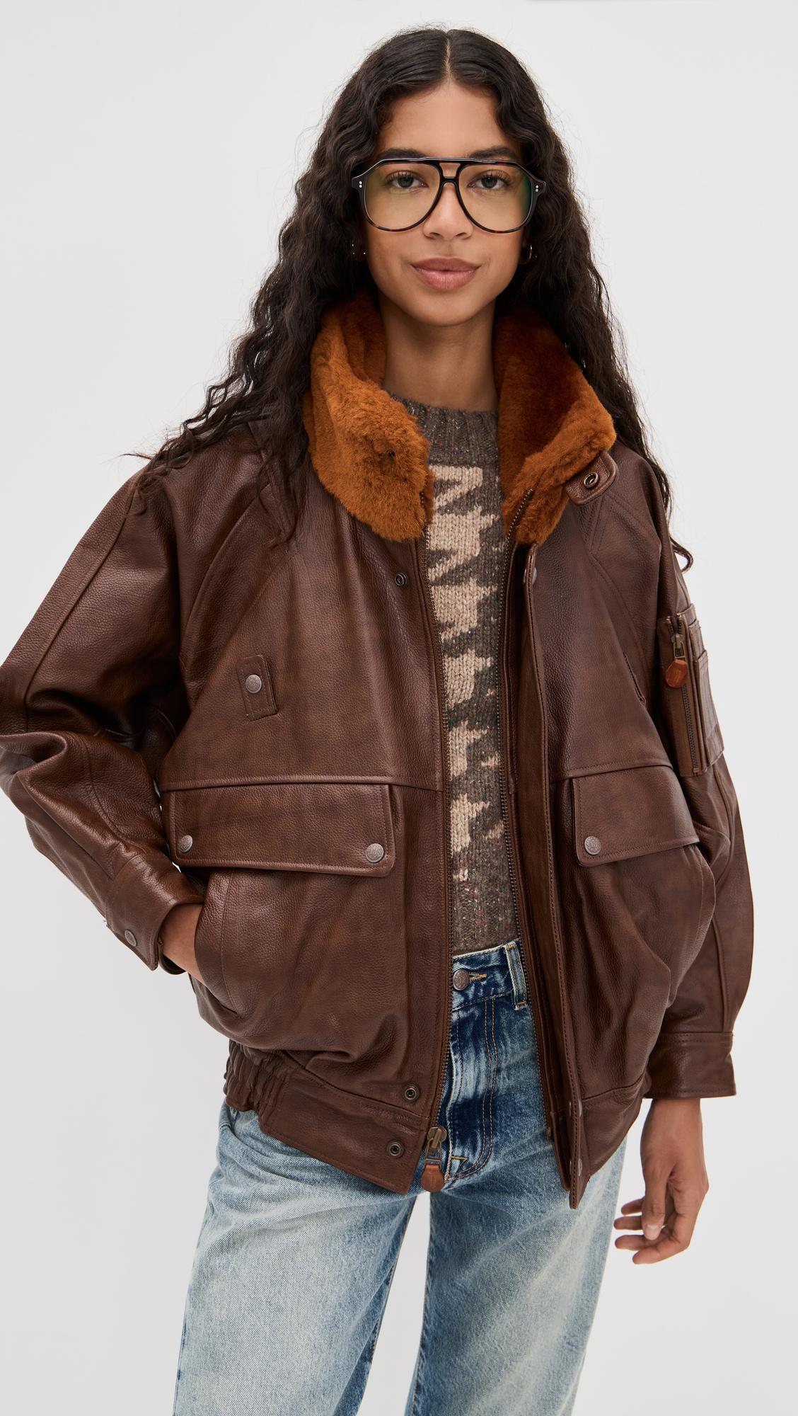 leather flight jacket with shearling collar