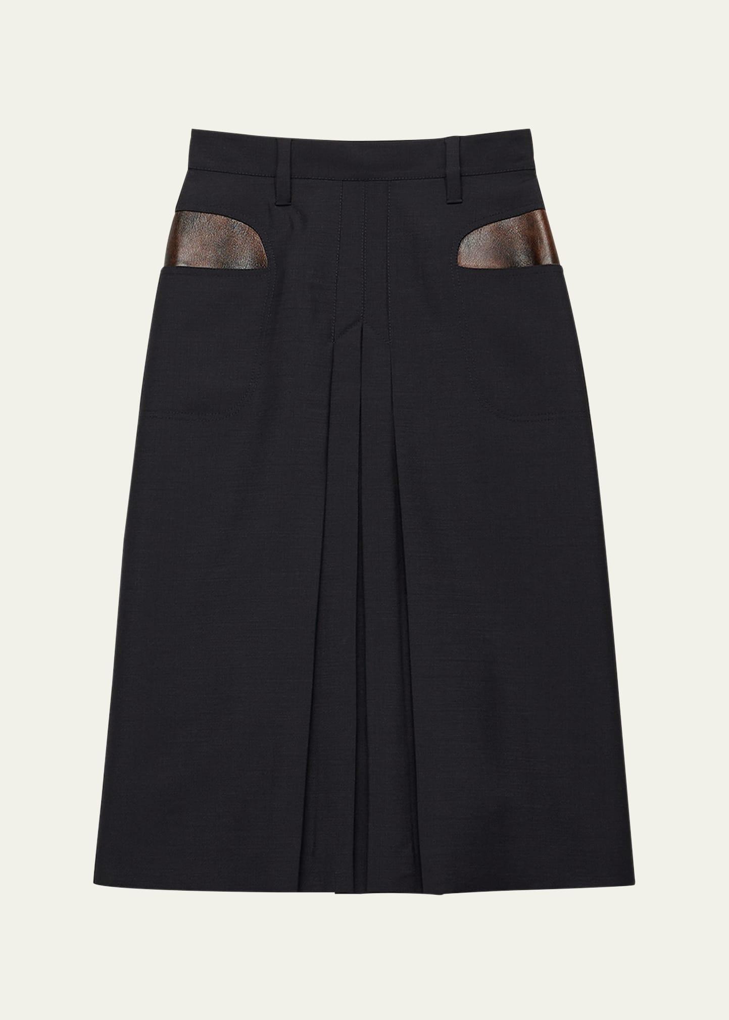 leather-pockets wool midi skirt