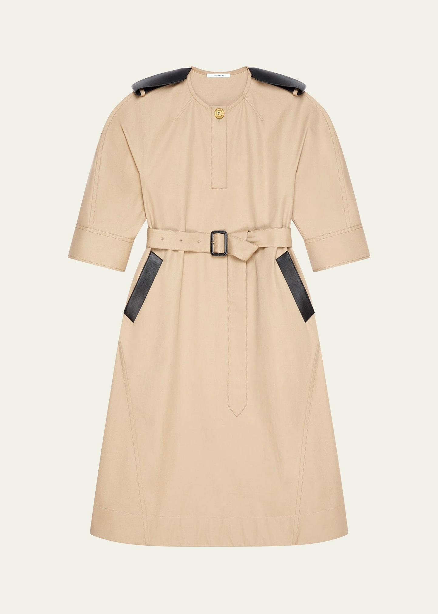 leather-trim belted cotton twill midi cocoon dress