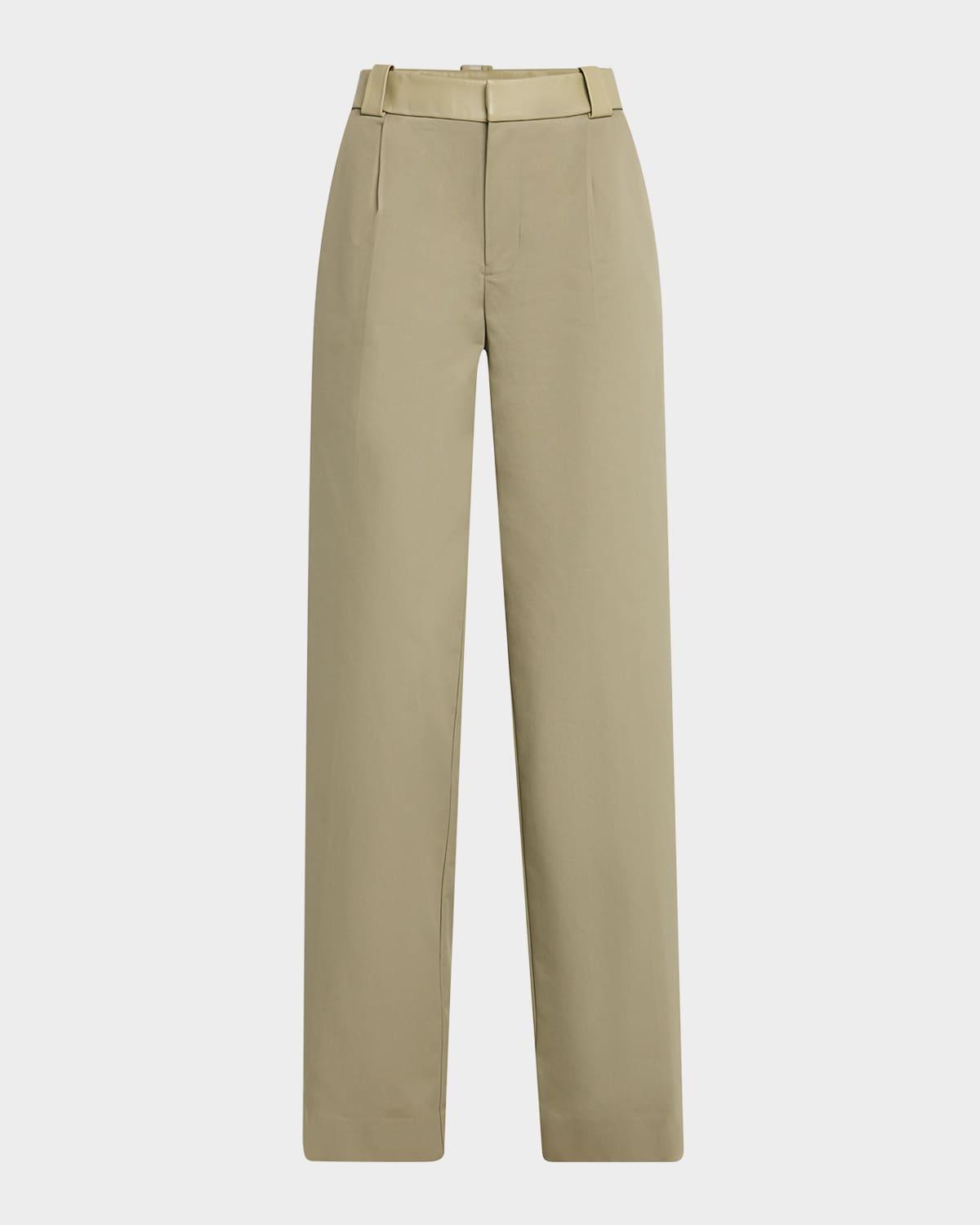 leather-waist pleated cotton straight-leg trousers