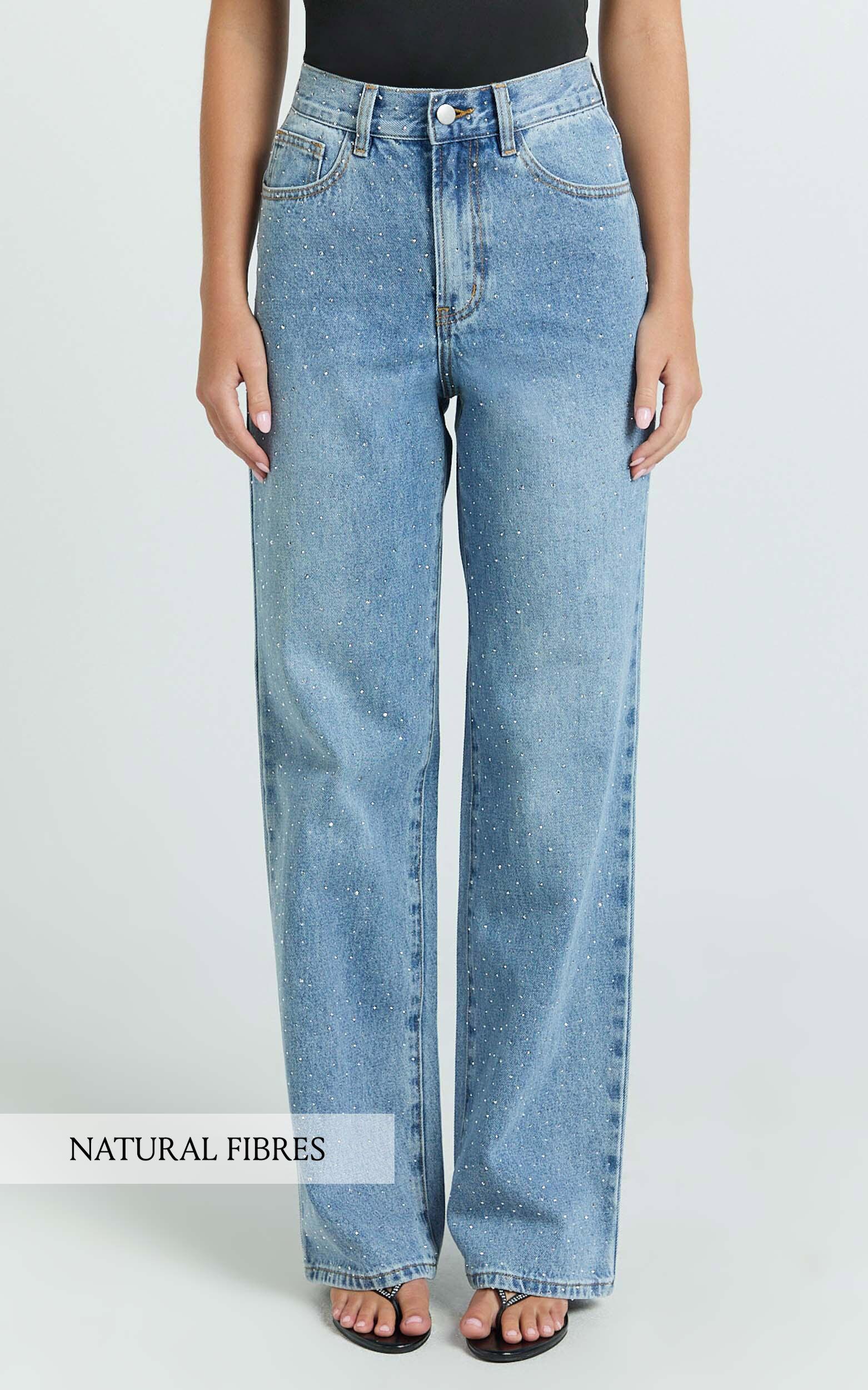 leauna jeans - rhinestone embellished high waist wide leg jeans in mid blue wash