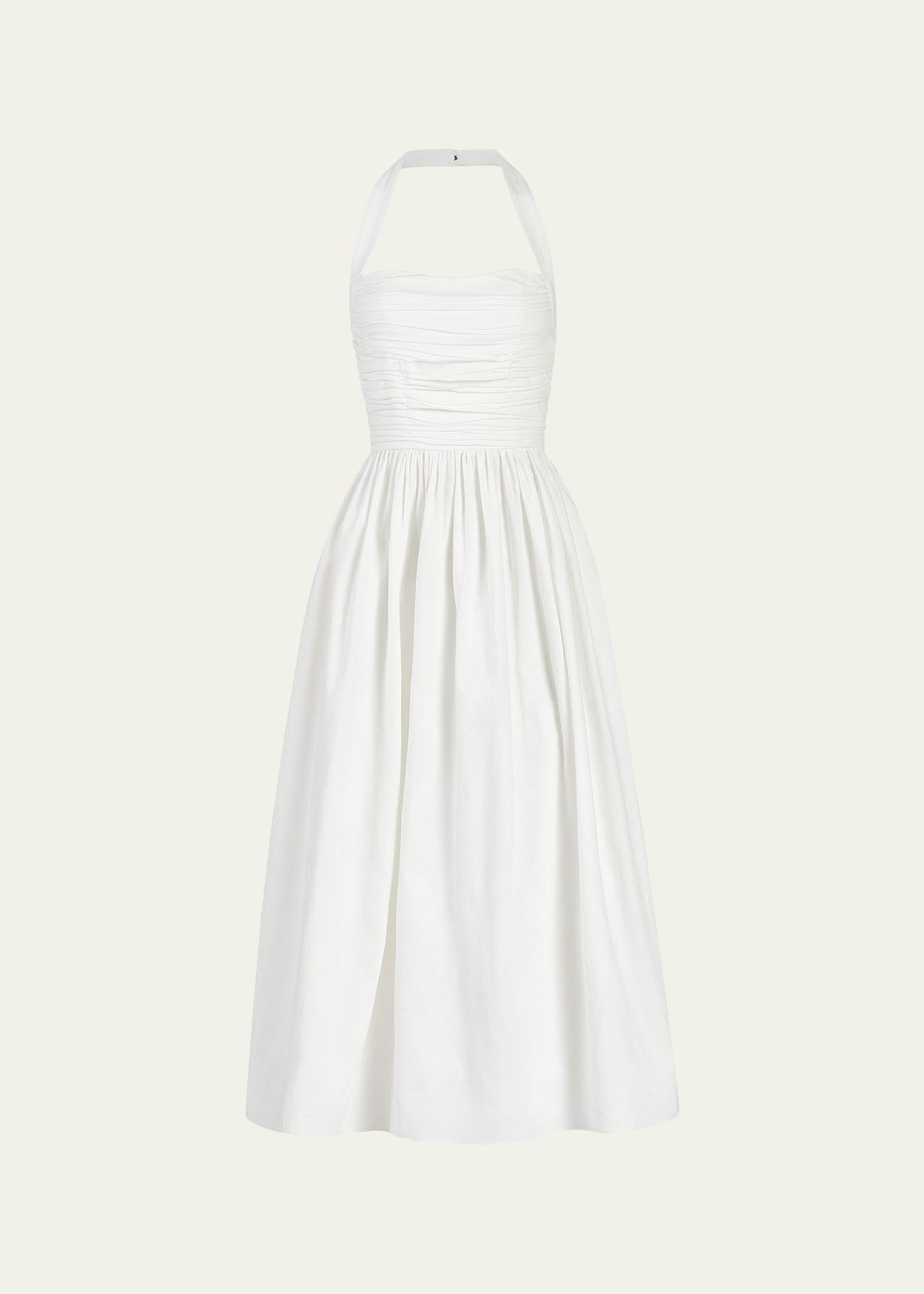 leia floral stripe ruched halter midi dress