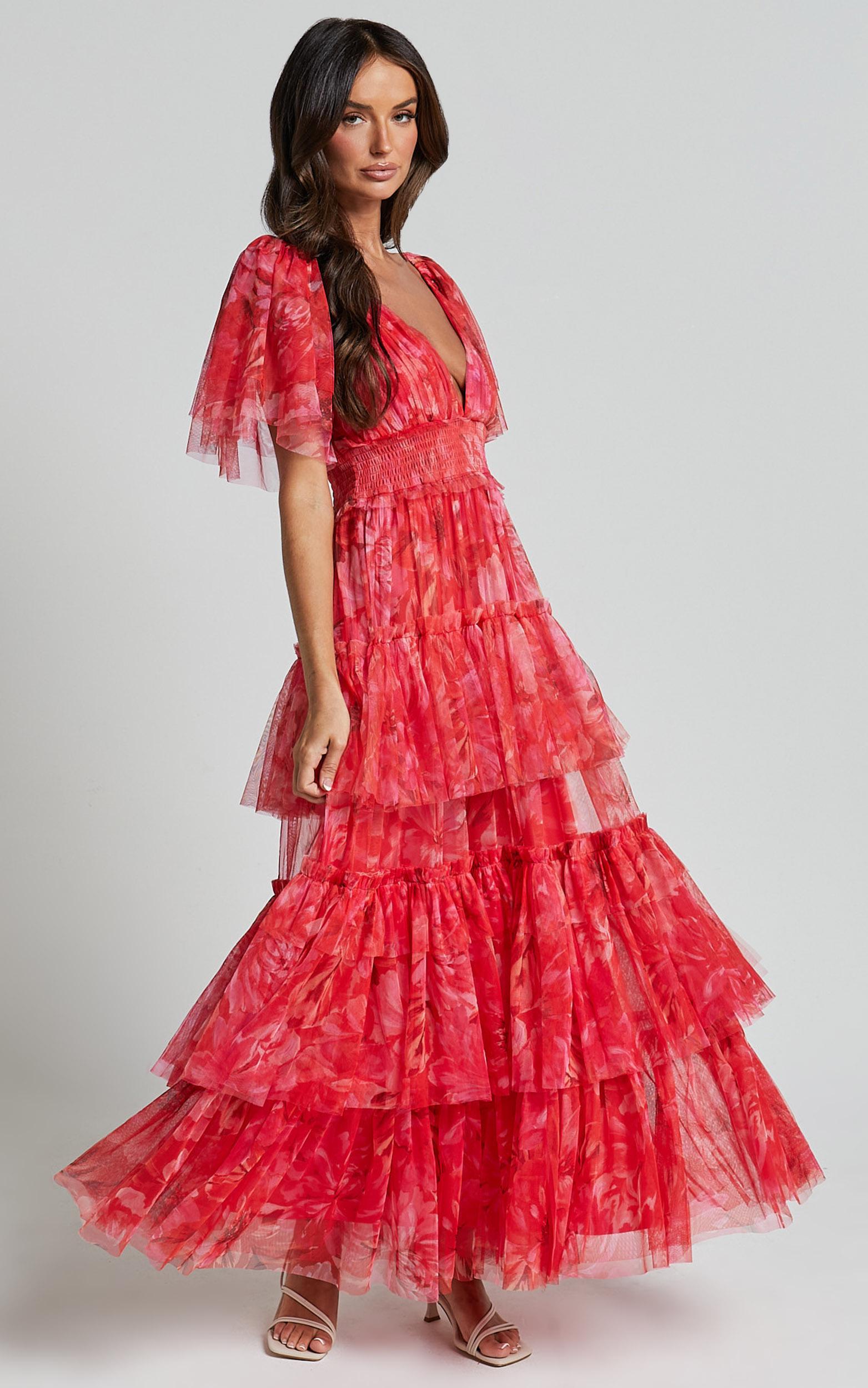 leianna midi dress - tulle flutter sleeve tiered ruffle dress in sunset floral
