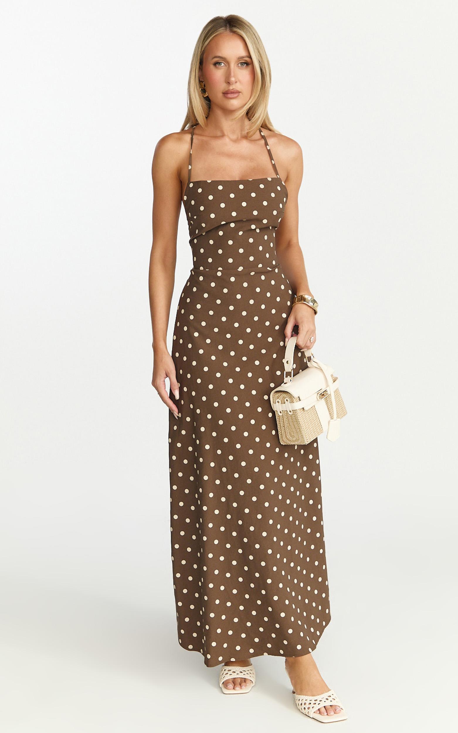 leighton maxi dress - cross over spaghetti straps square neck a line dress in choc/cream polka dot