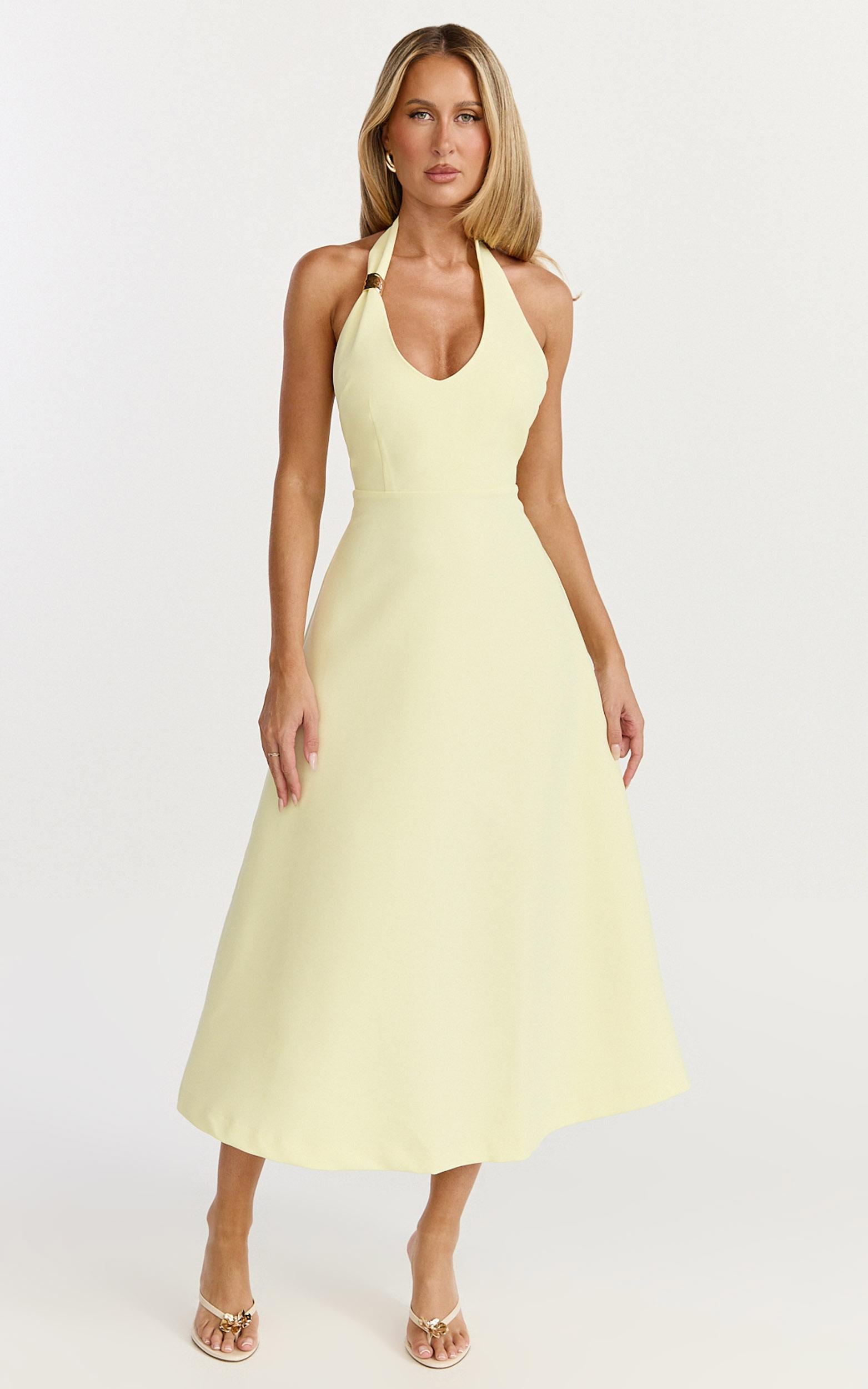 leilani midi dress - plunge neck hardware fit and flare dress in lemon