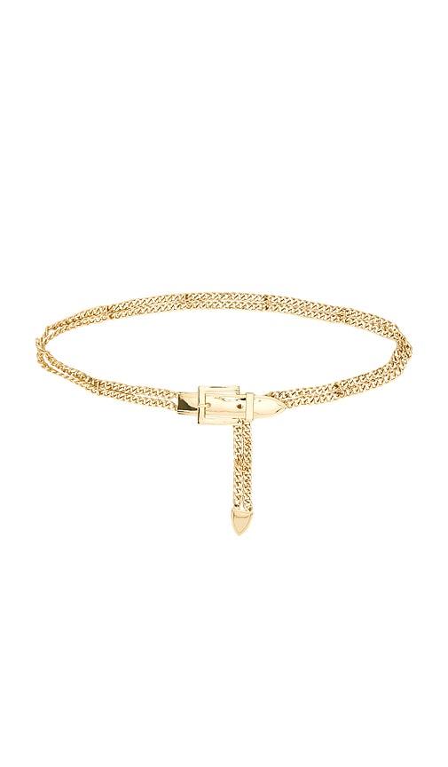 lele sadoughi buckle chain belt in metallic gold.
