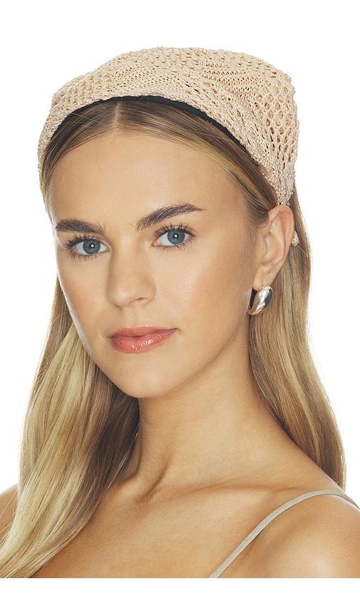 lele sadoughi jackie crochet raffia handkerchief headband in neutral.