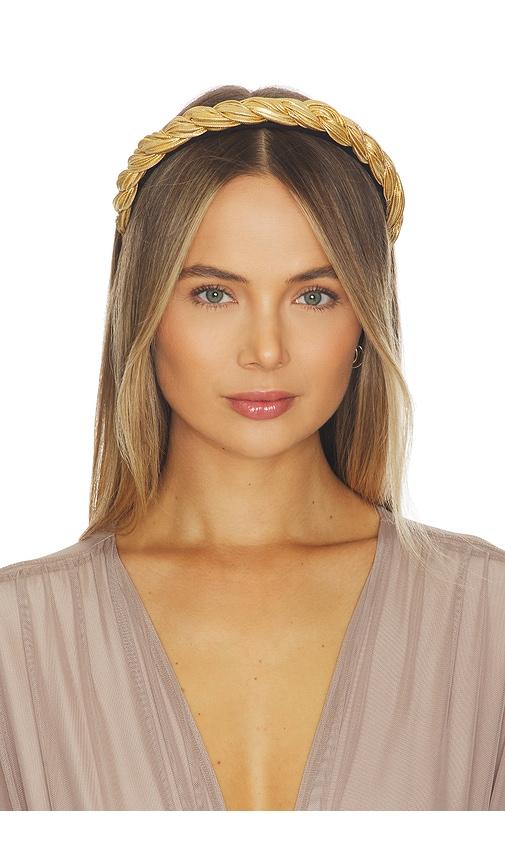 lele sadoughi juliet pleated headband in metallic gold.