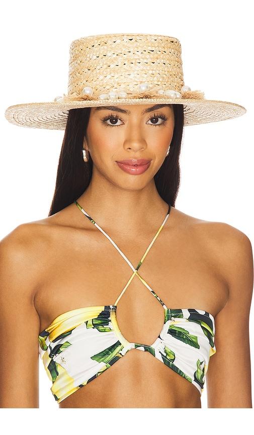 lele sadoughi pearl poms straw hat in tan.