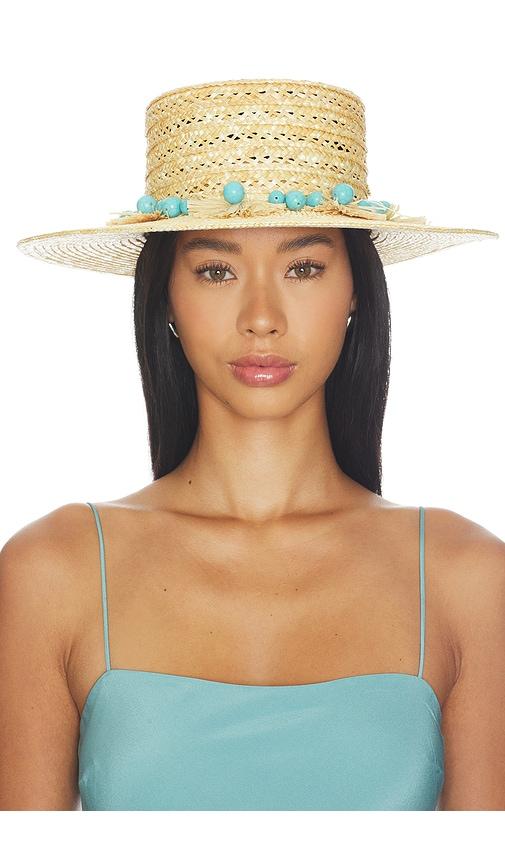 lele sadoughi poms straw hat in neutral,teal.