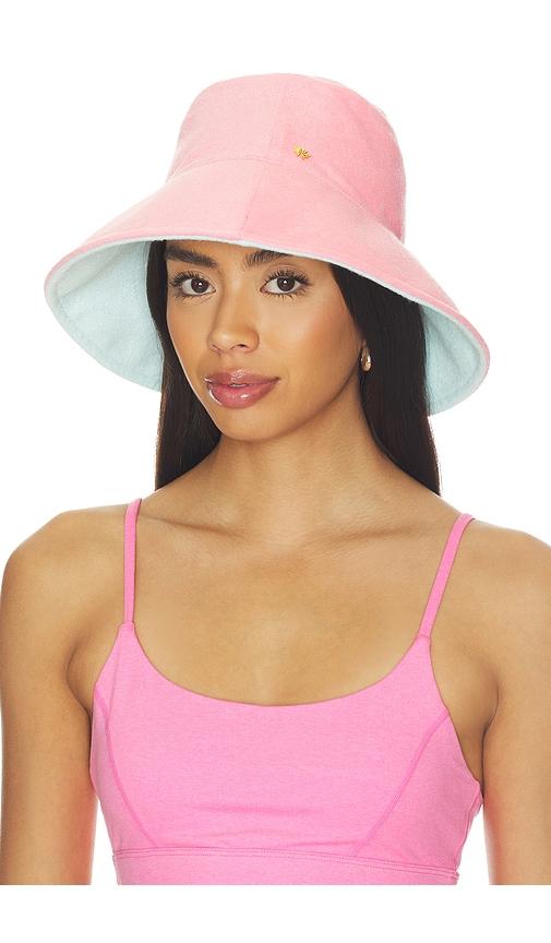 lele sadoughi reversible terry long brim bucket hat in coral, baby blue.
