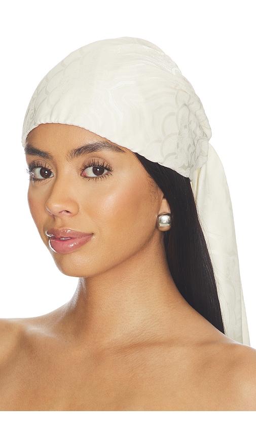 lele sadoughi sophia eyelet scarf cap in ivory.