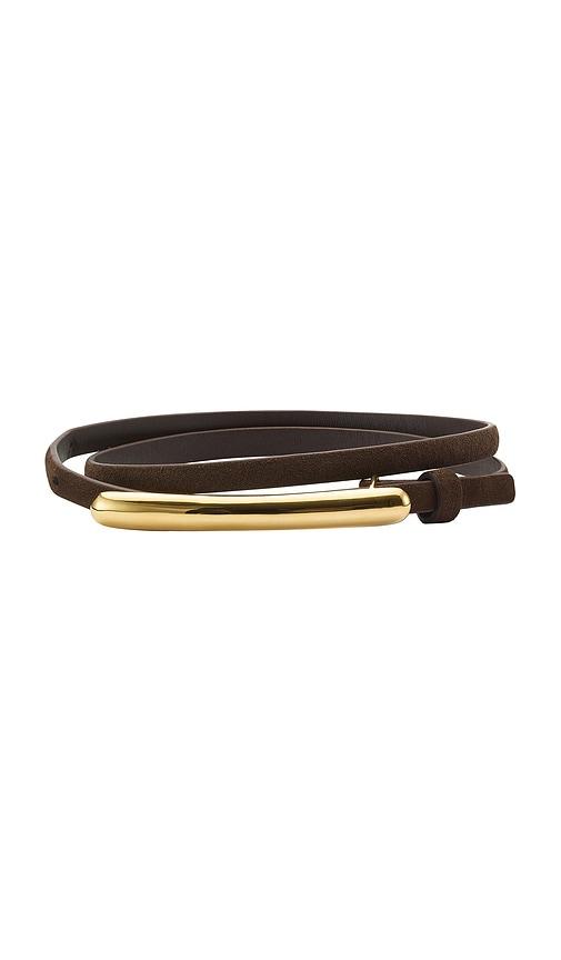 lelet ny glossy bar skinny suede belt in chocolate.