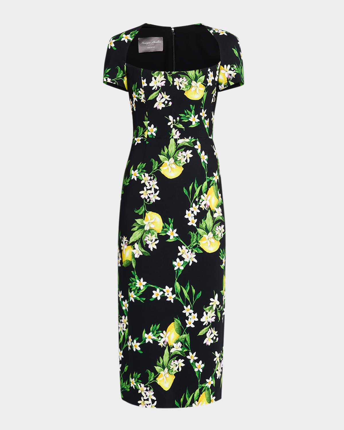 lemon-print short-sleeve corset midi dress
