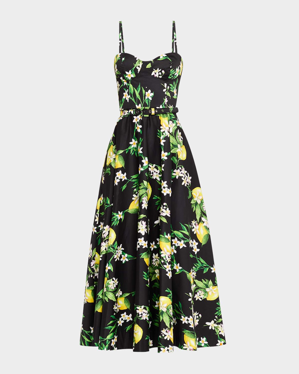 lemon-print sleeveless belted corset midi dress