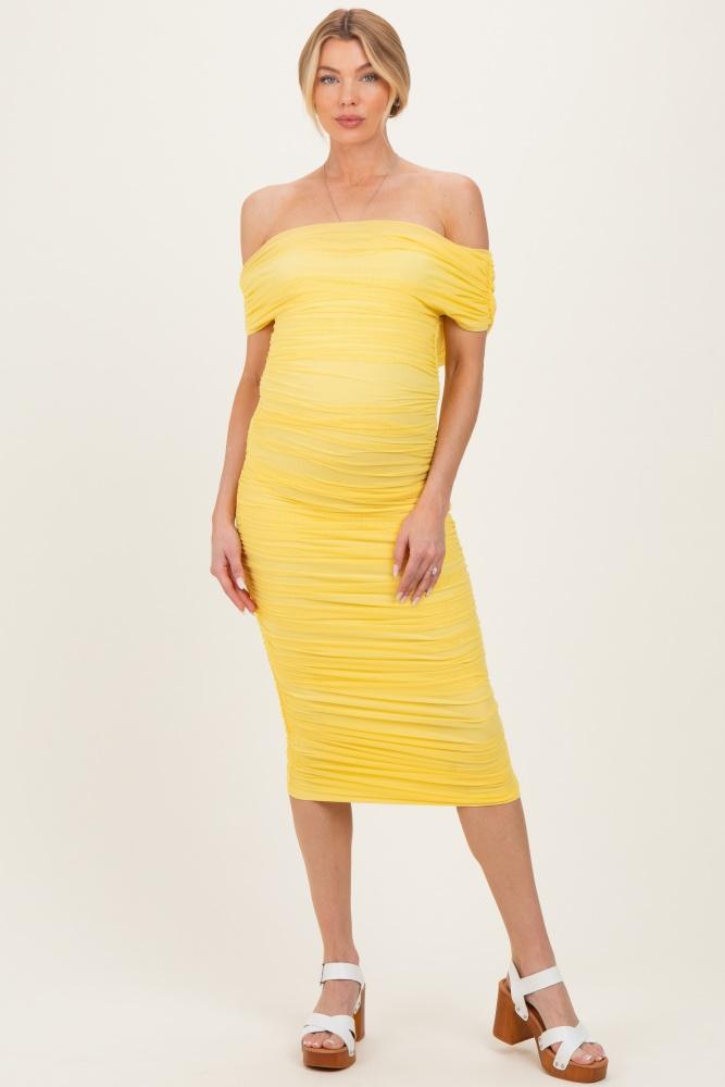lemon ruched mesh off shoulder maternity midi dress