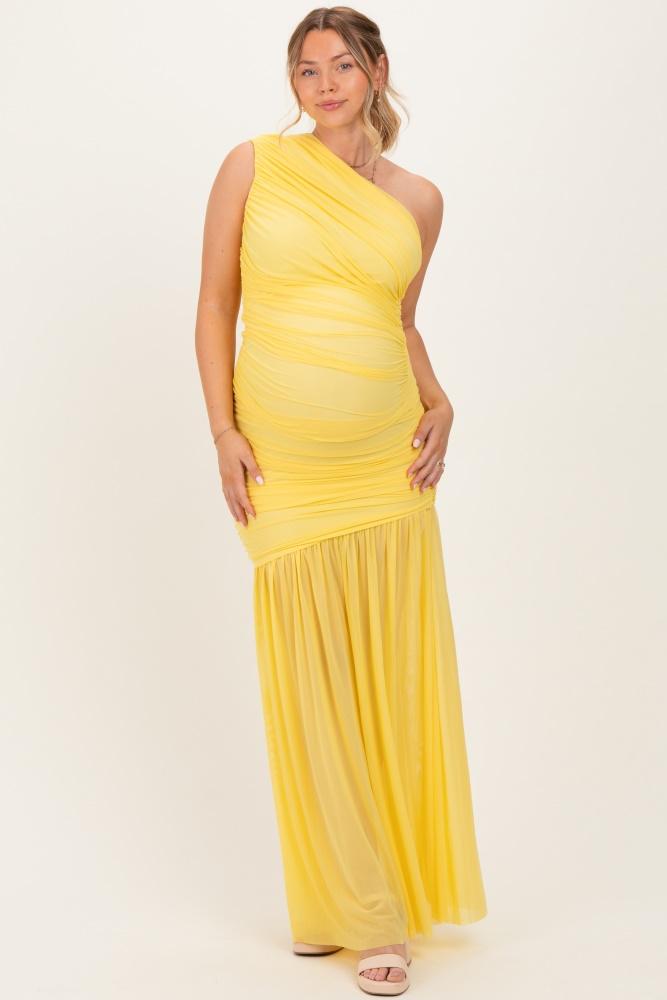 lemon ruched mesh one shoulder maternity maxi dress