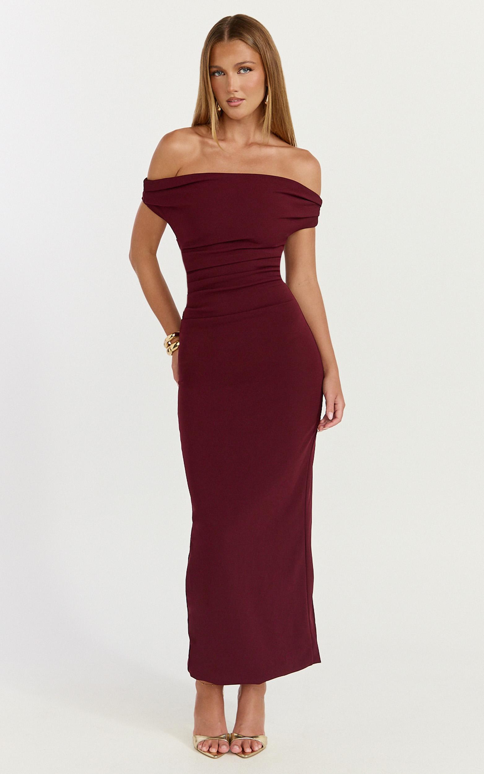 lena midi dress - off shoulder ruched bodycon dress in wine