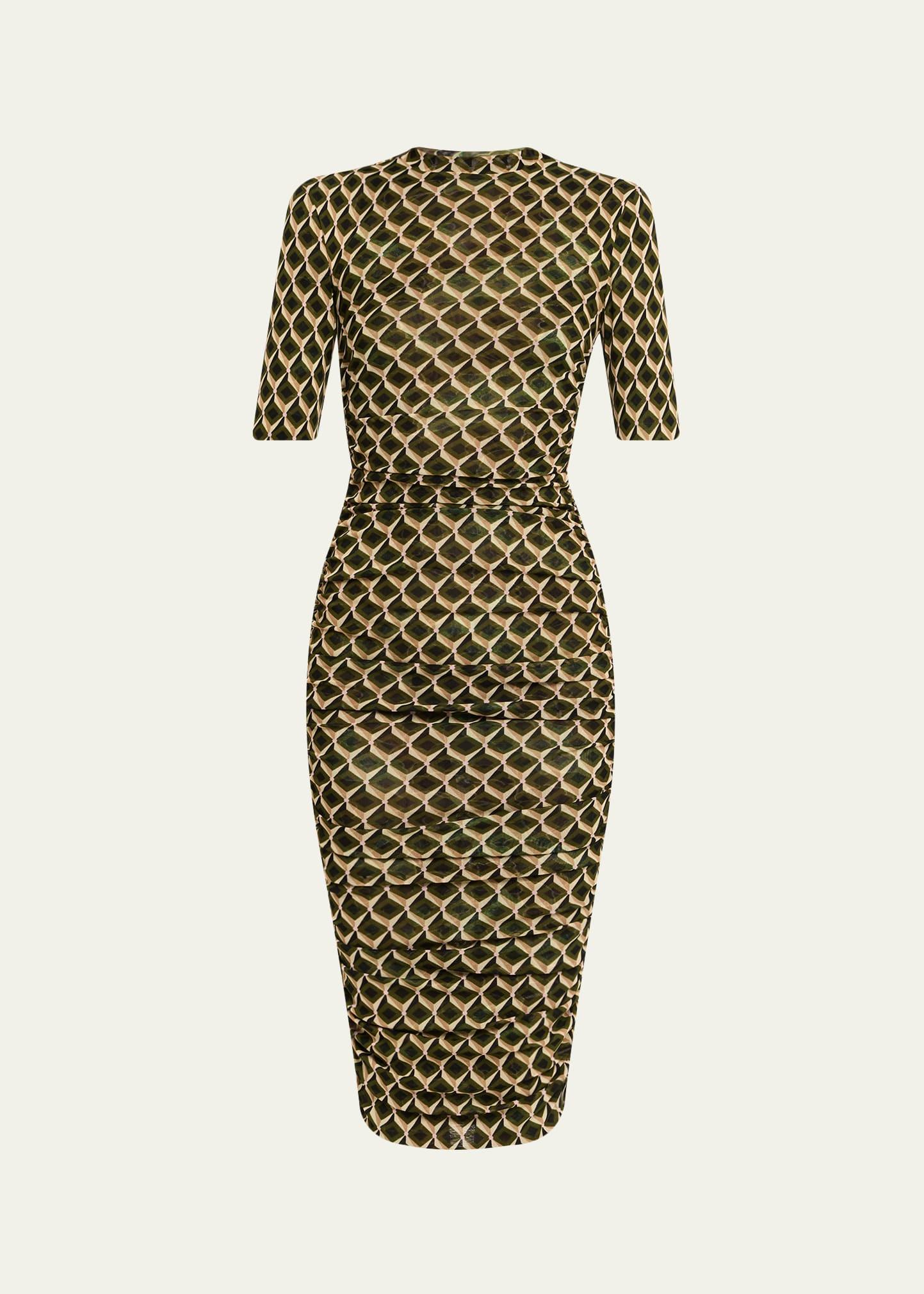 lena ruched geometric-print midi sheath dress