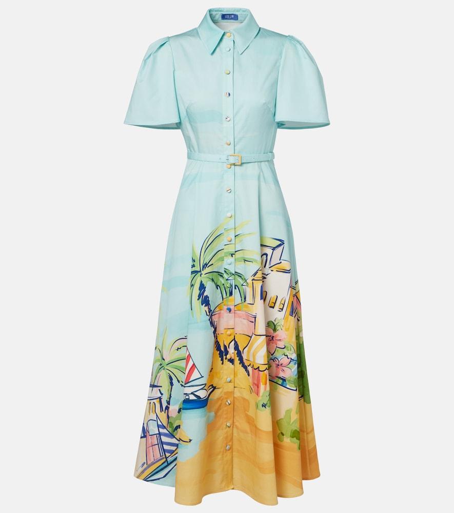 leo lin printed belted cotton shirt dress