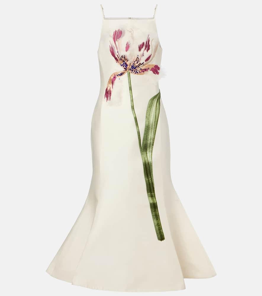 leo lin regina floral wool and silk midi dress