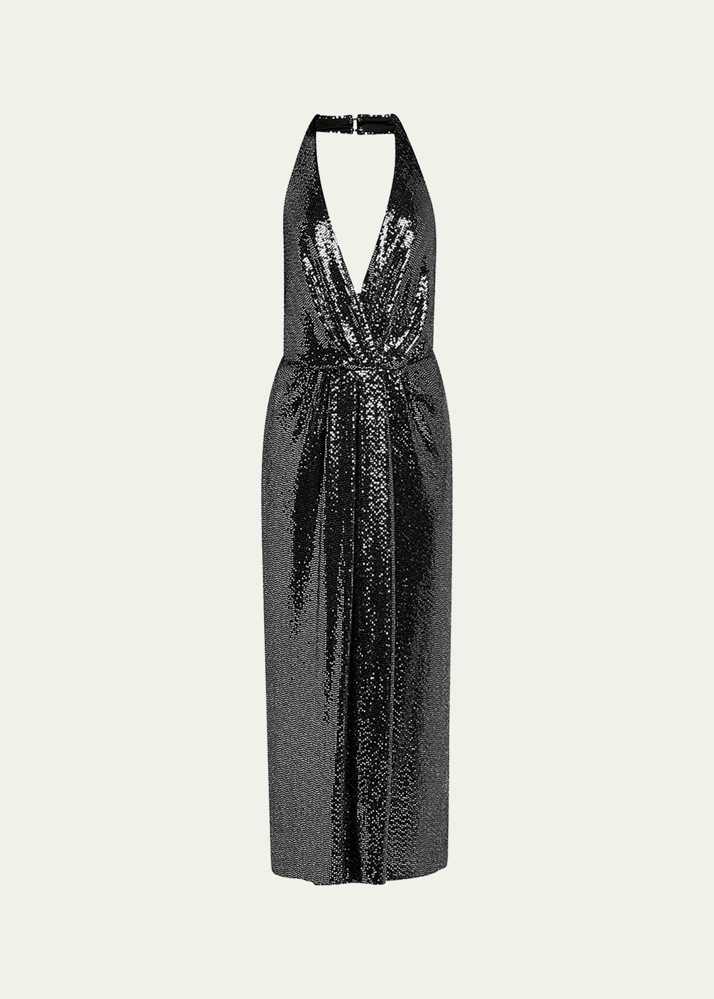 leonie deep v-neck disco jersey midi dress