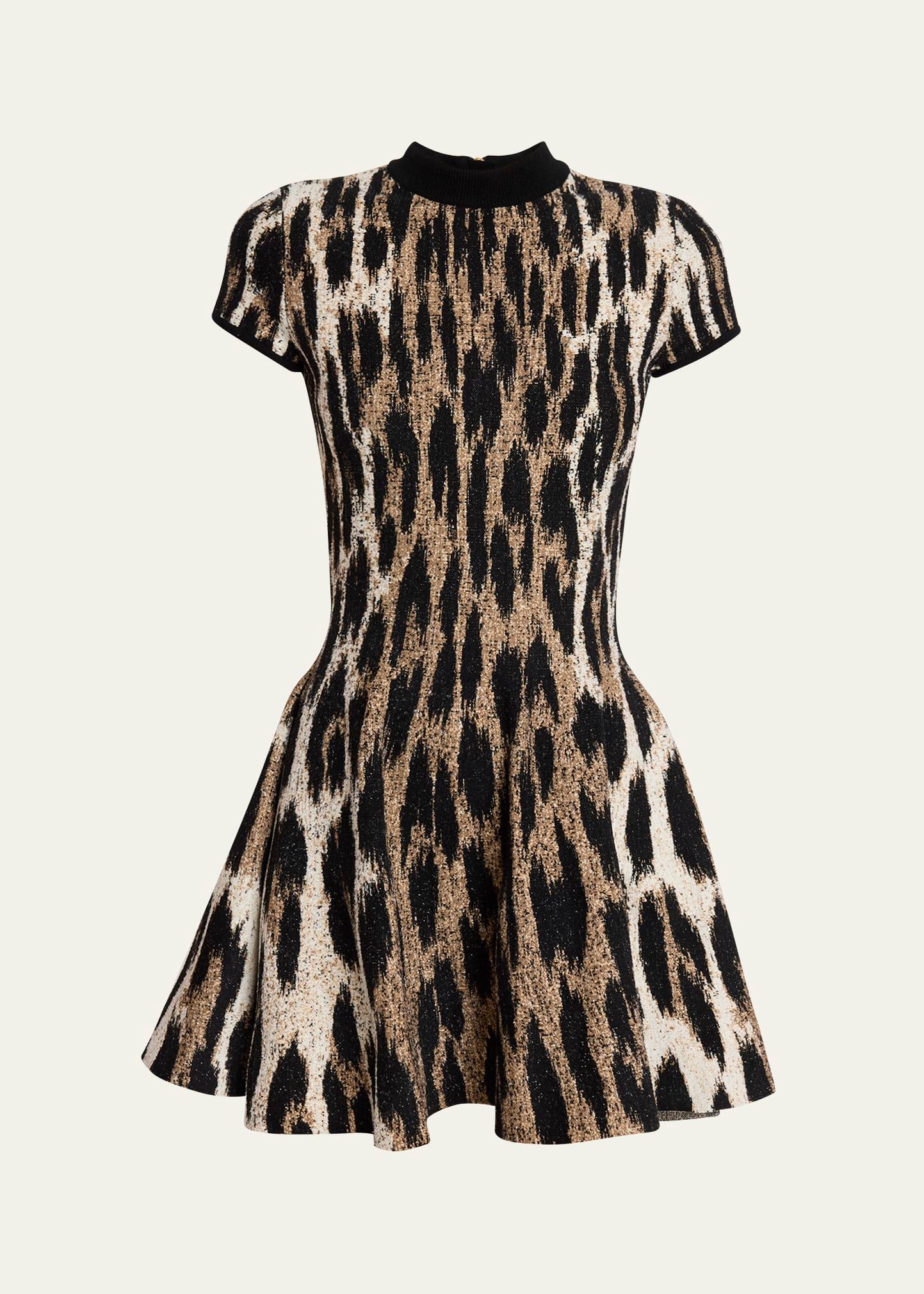 leopard jacquard fit-&-flare mini dress