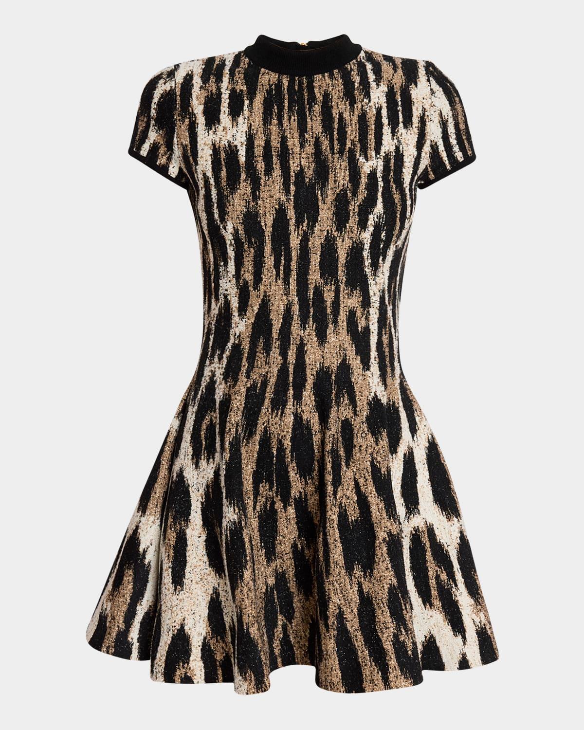 leopard jacquard fit-&-flare mini dress