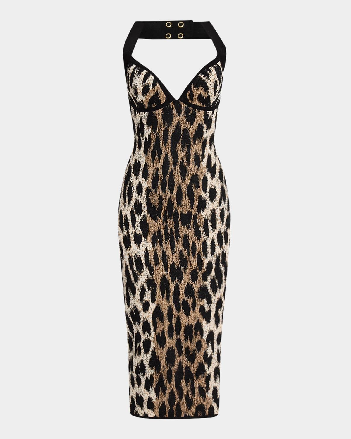 leopard jacquard knit halter dress