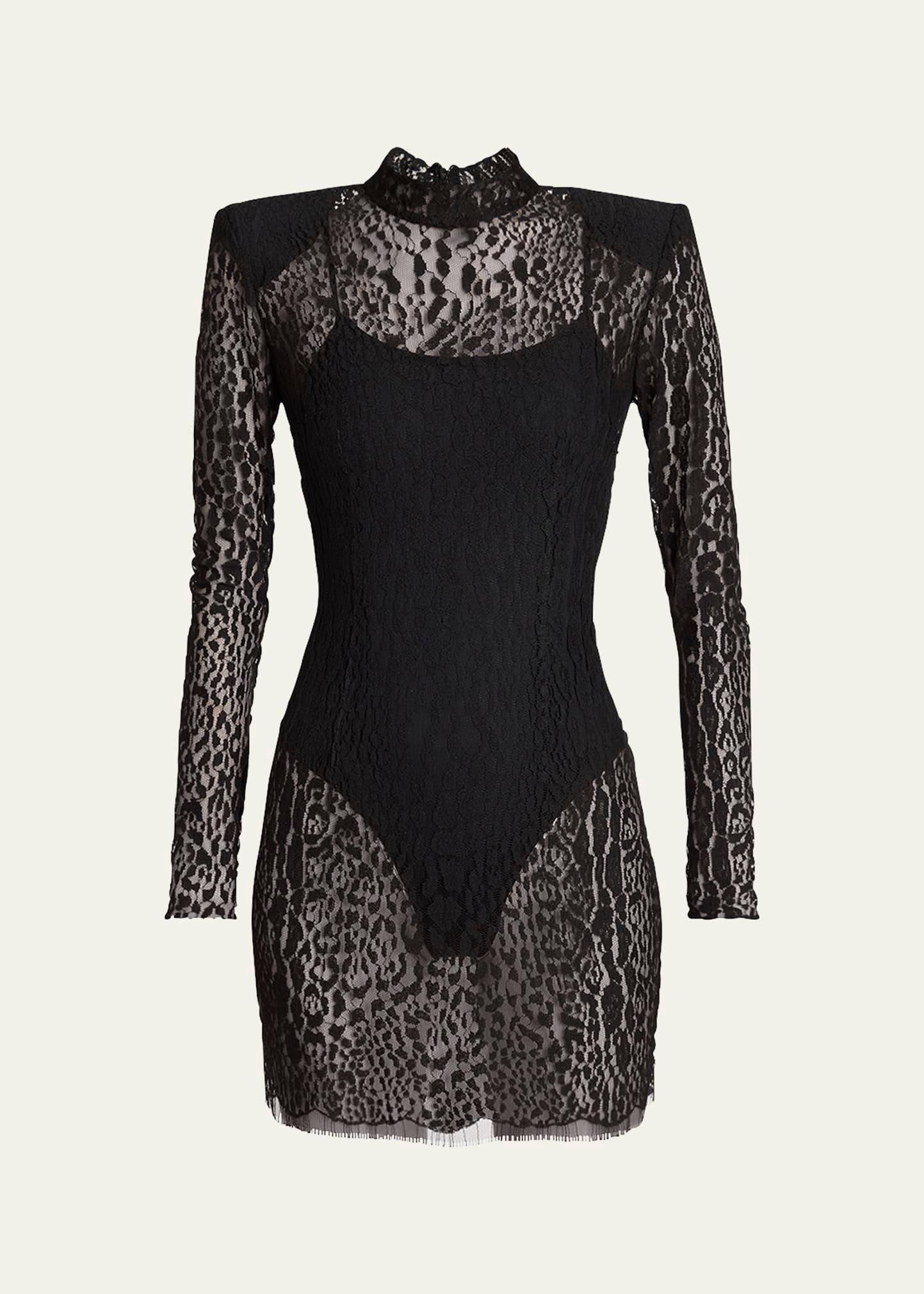 leopard lace strong-shoulder mini dress