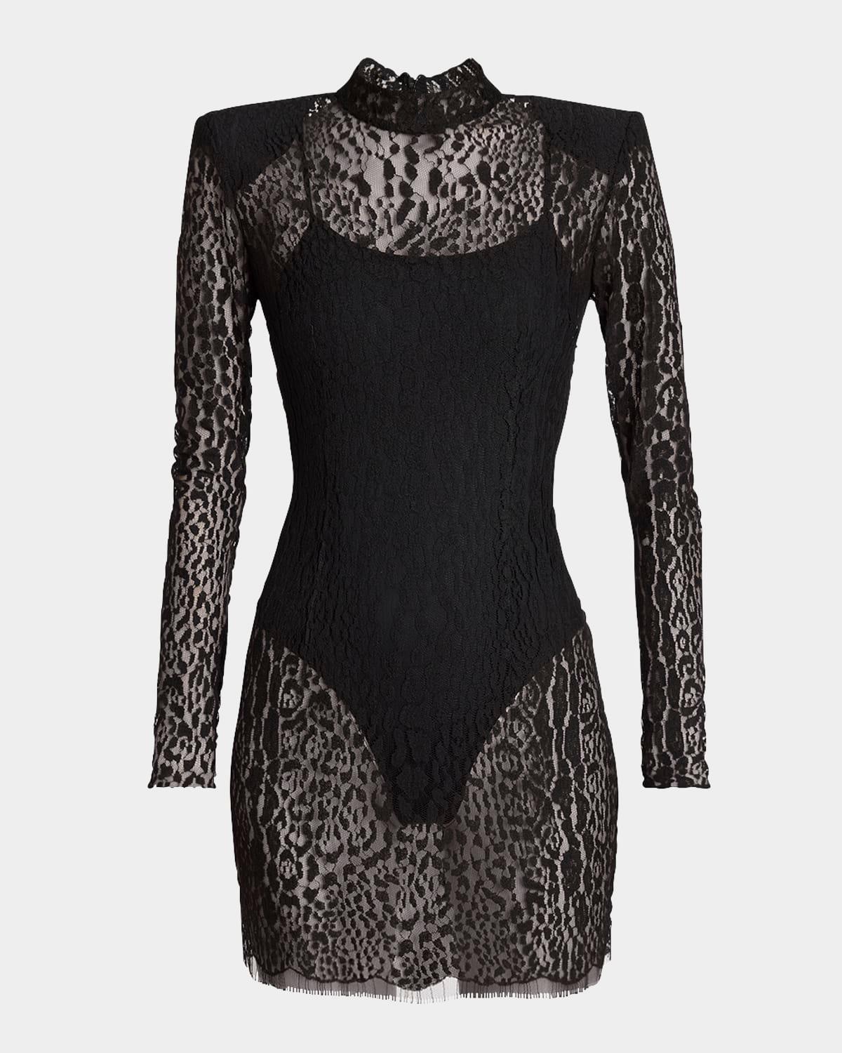 leopard lace strong-shoulder mini dress