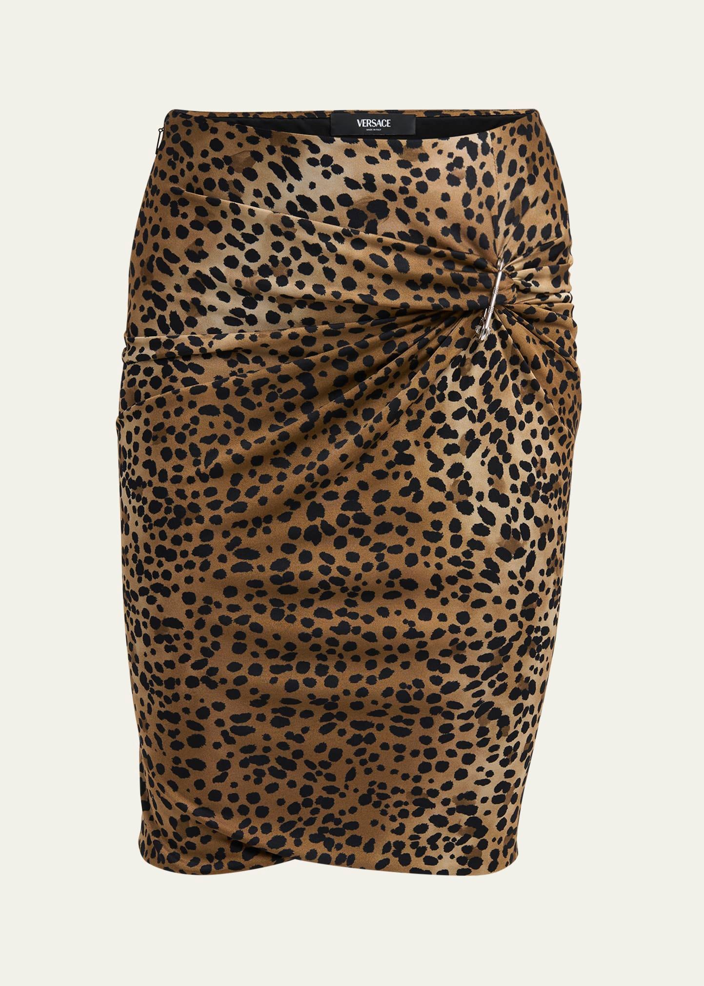 leopard pencil skirt with safety pin brooch