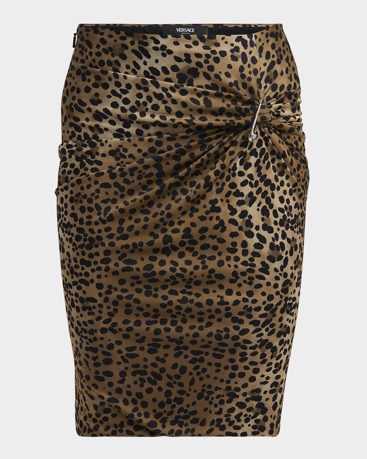 leopard pencil skirt with safety pin brooch