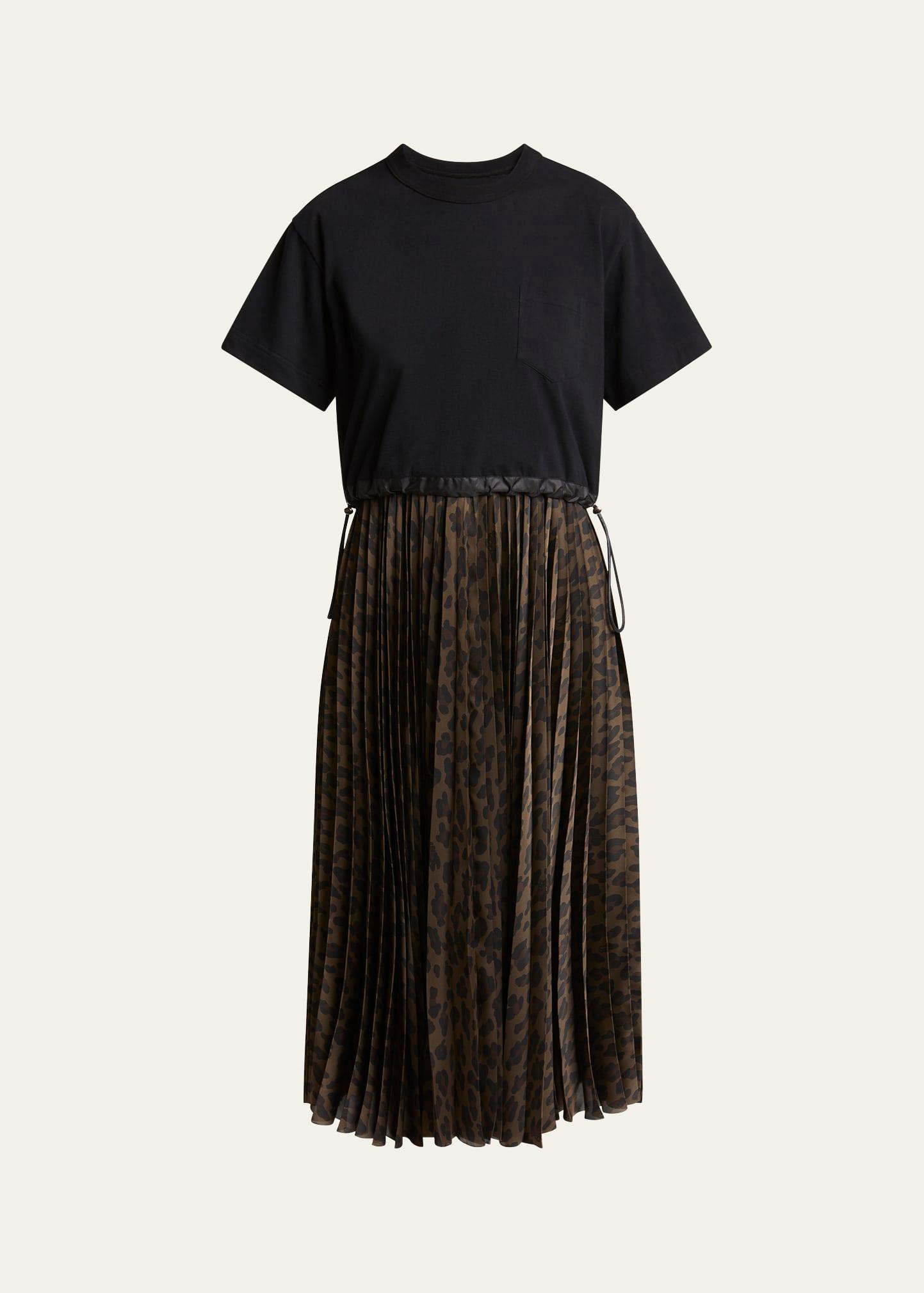 leopard pleated midi t-shirt dress