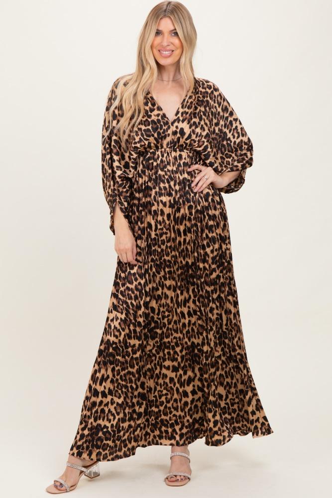 leopard pleated v neck satin maxi dress