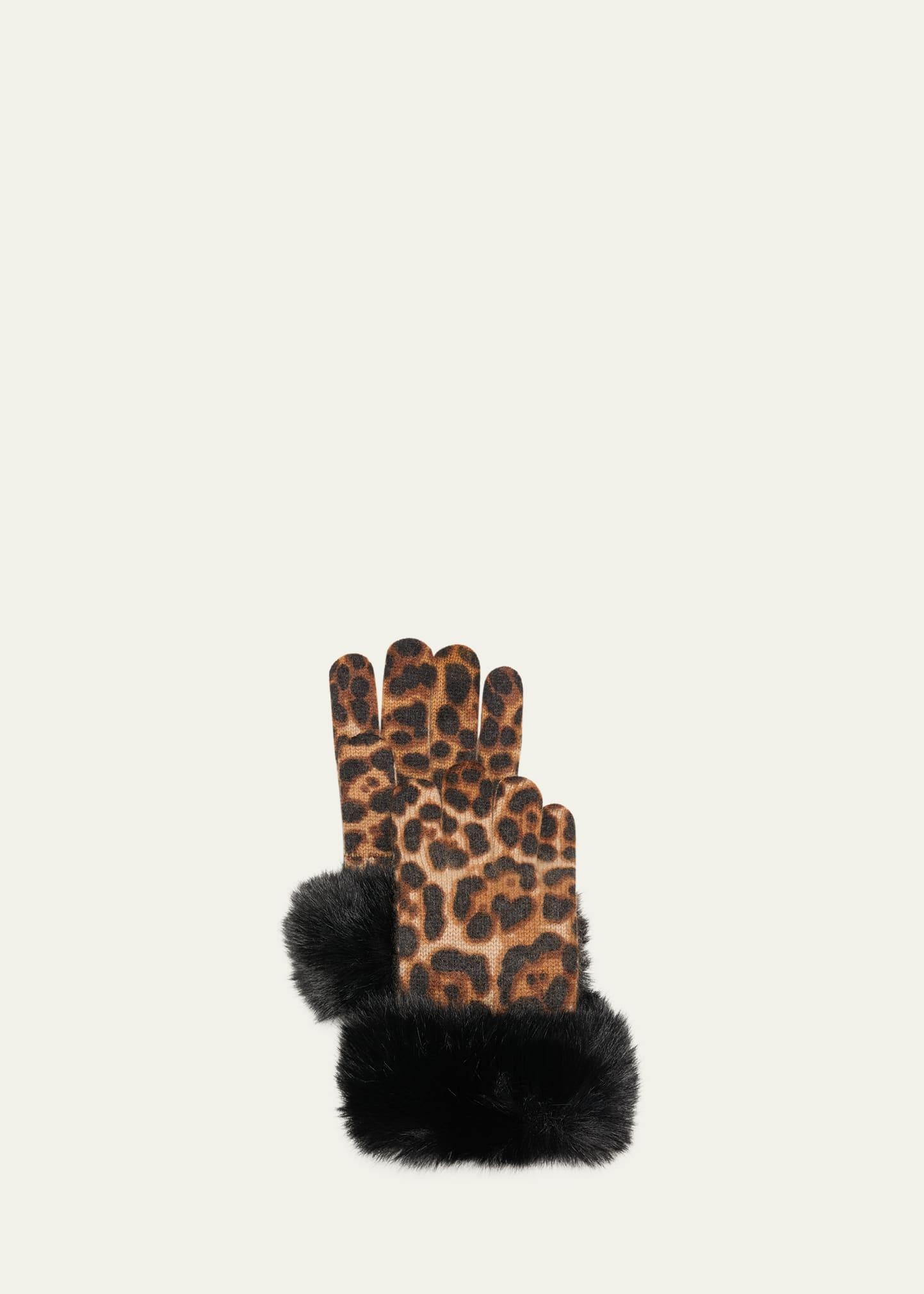 leopard print cashmere gloves w/ faux fur cuffs
