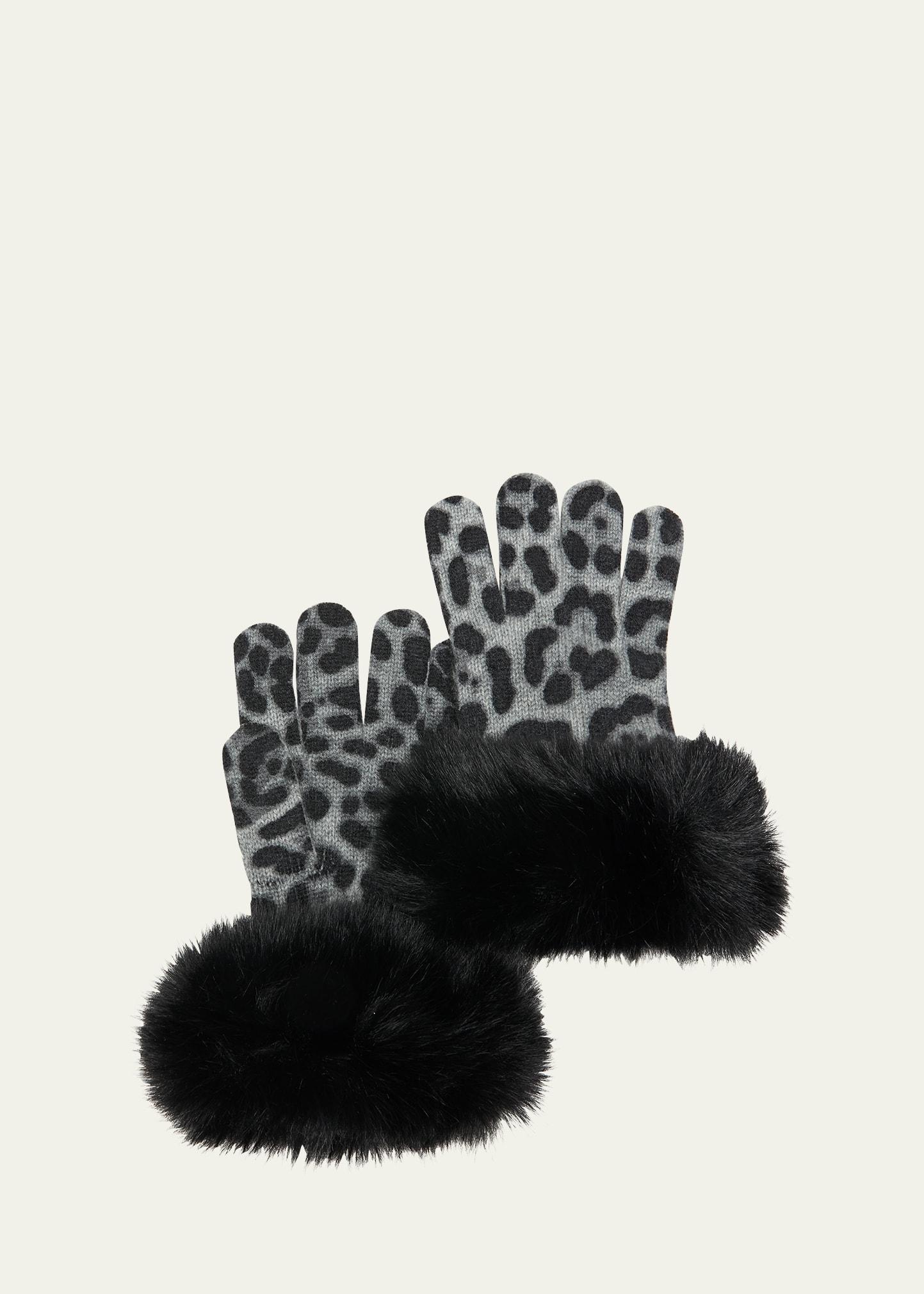 leopard print cashmere gloves w/ faux fur cuffs